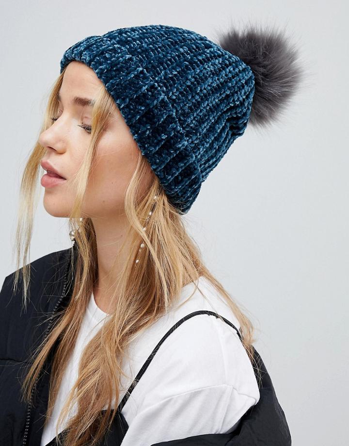 New Look Chenille Faux Fur Bobble Hat - Blue