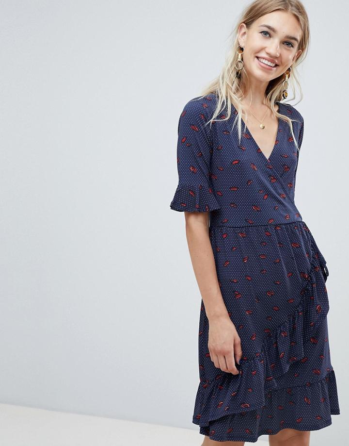 Warehouse Lips Print Wrap Tea Dress - Red