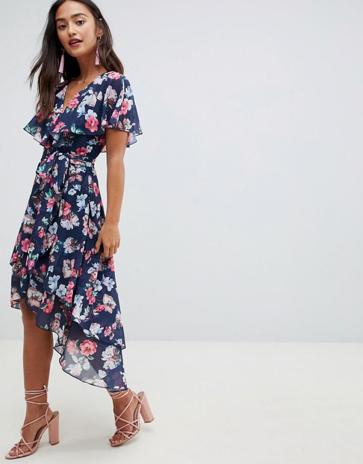 Asos Design Cape Back Wrap Midi Dress In Bouquet Print - Multi