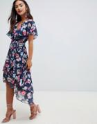 Asos Design Cape Back Wrap Midi Dress In Bouquet Print - Multi