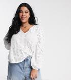 Asos Design Curve Swing Top With V Neck In Contrast Broidery With Puff Sleeve-white