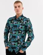 Process Black Leaf Print Slim Fit Shirt