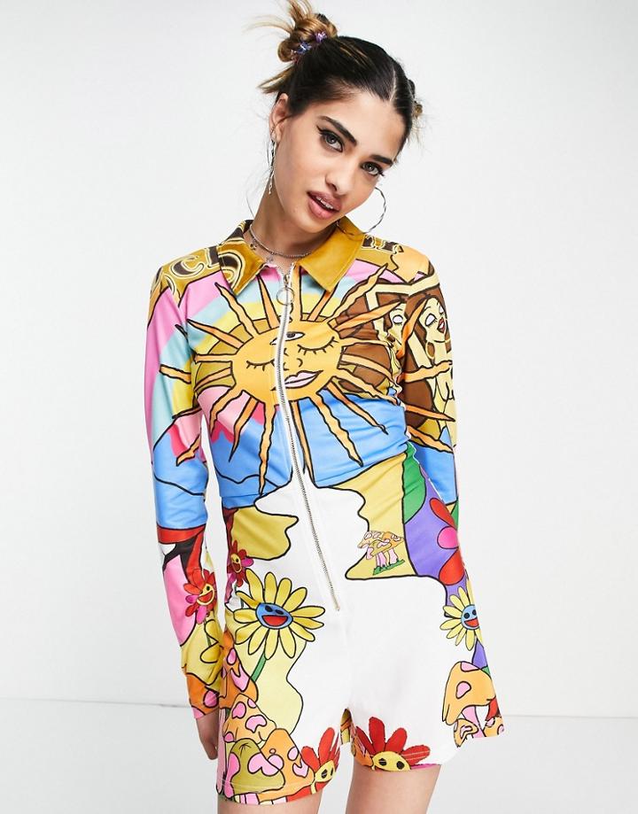 Elsie & Fred Long Sleeve Zip Front Romper In Sundial Print-multi