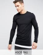Asos Tall Longline Muscle Long Sleeve T-shirt With Contrast Hem In Black/white - Black