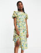 Influence Tiered Midi Dress In Yellow Floral-multi