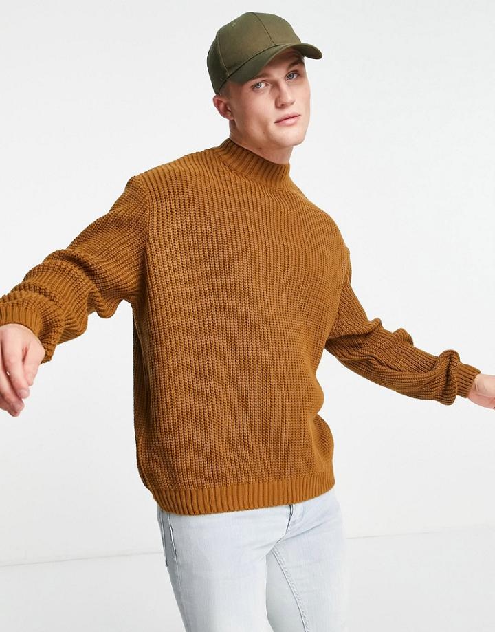Asos Design Knitted Oversized Rib Turtleneck Sweater In Mustard-yellow