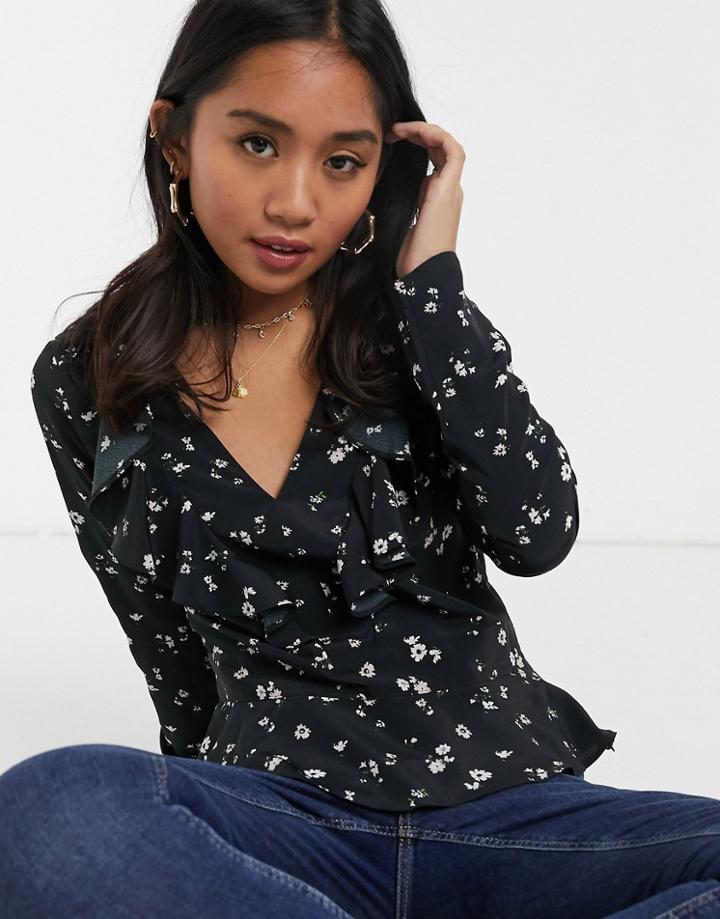 Miss Selfridge Blouse With Frill Detail In Black Floral
