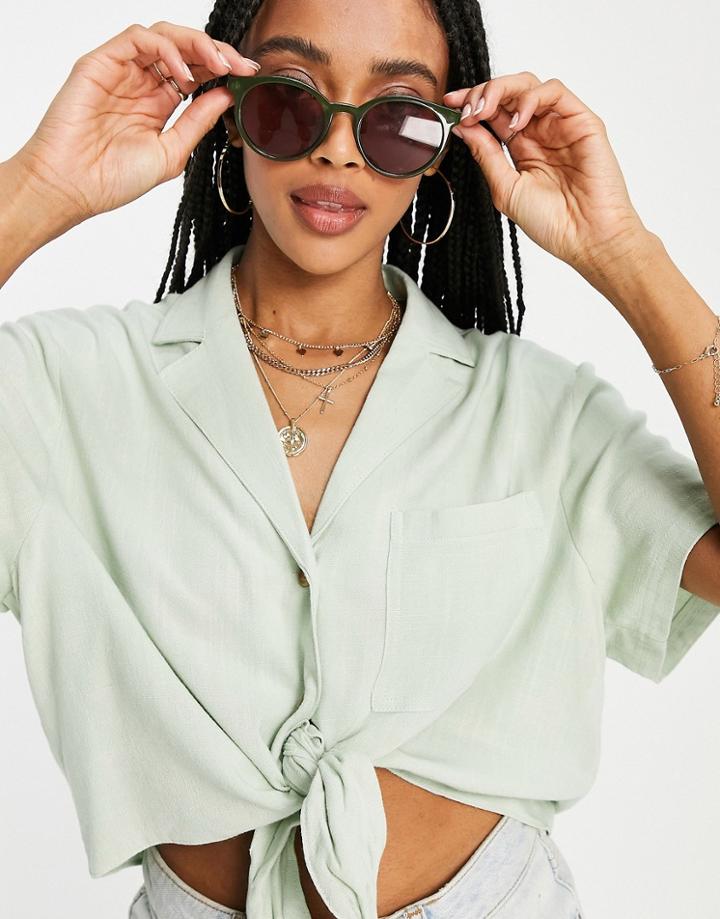 Topshop Tie Front Linen Crop Shirt In Khaki-green