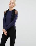 Lost Ink High Neck Sweater With Sheer Ruffle & Bow Detail - Navy