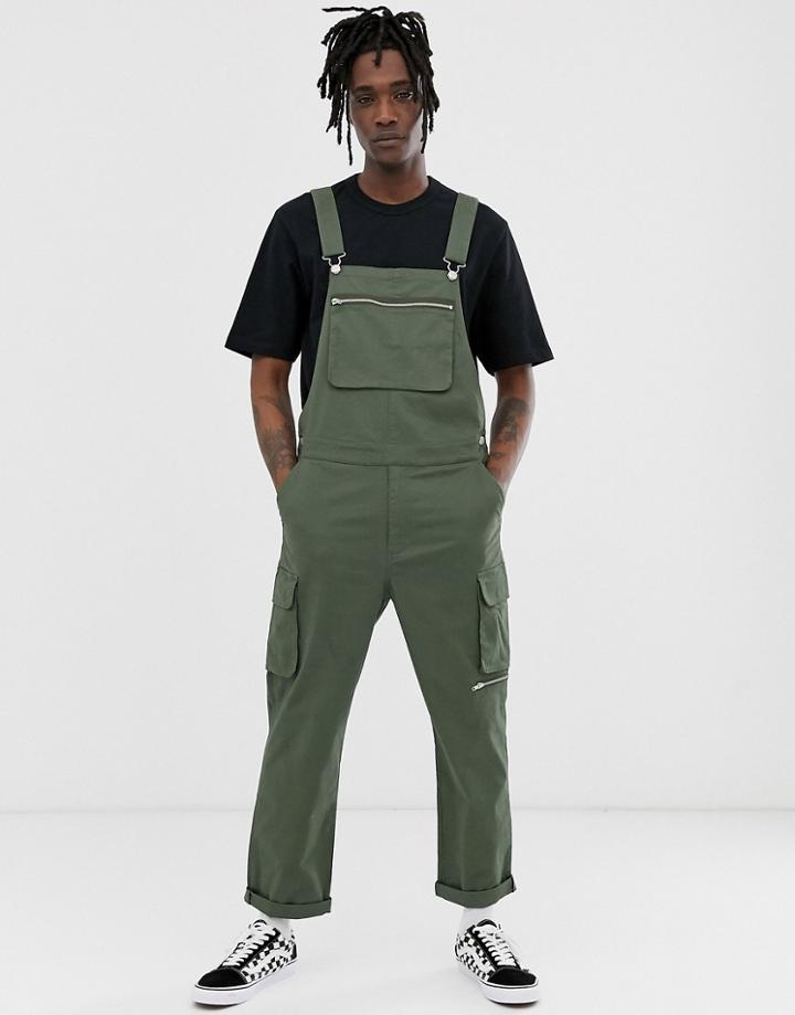 Asos Design Relaxed Cargo Overalls In Dark Green - Green