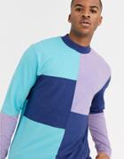 Asos Design Relaxed Long Sleeve T-shirt With Turtleneck And Acid Wash Color Block In Purple