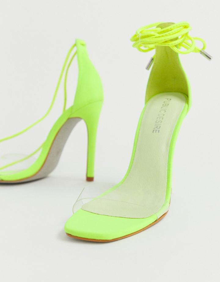 Public Desire Vivid Neon Yellow Ankle Tie Heeled Sandals With Glitter Soles - Yellow