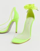 Public Desire Vivid Neon Yellow Ankle Tie Heeled Sandals With Glitter Soles - Yellow