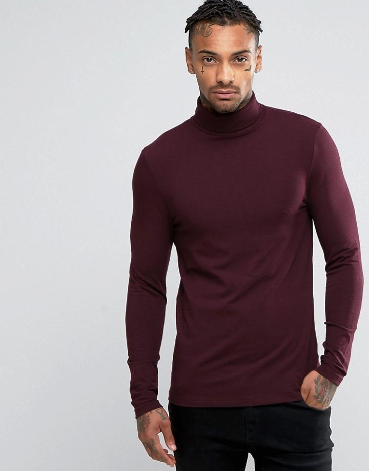 Asos Extreme Muscle Long Sleeve T-shirt With Roll Neck In Oxblood - Red