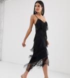 Asos Design Tall Fringe Mesh Strappy Midi Bodycon Dress-black