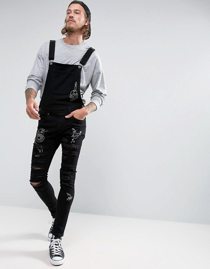 Liquor & Poker Black Wash Doodle Ripped Overall - Blue