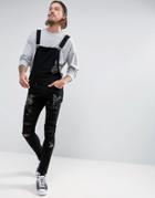 Liquor & Poker Black Wash Doodle Ripped Overall - Blue