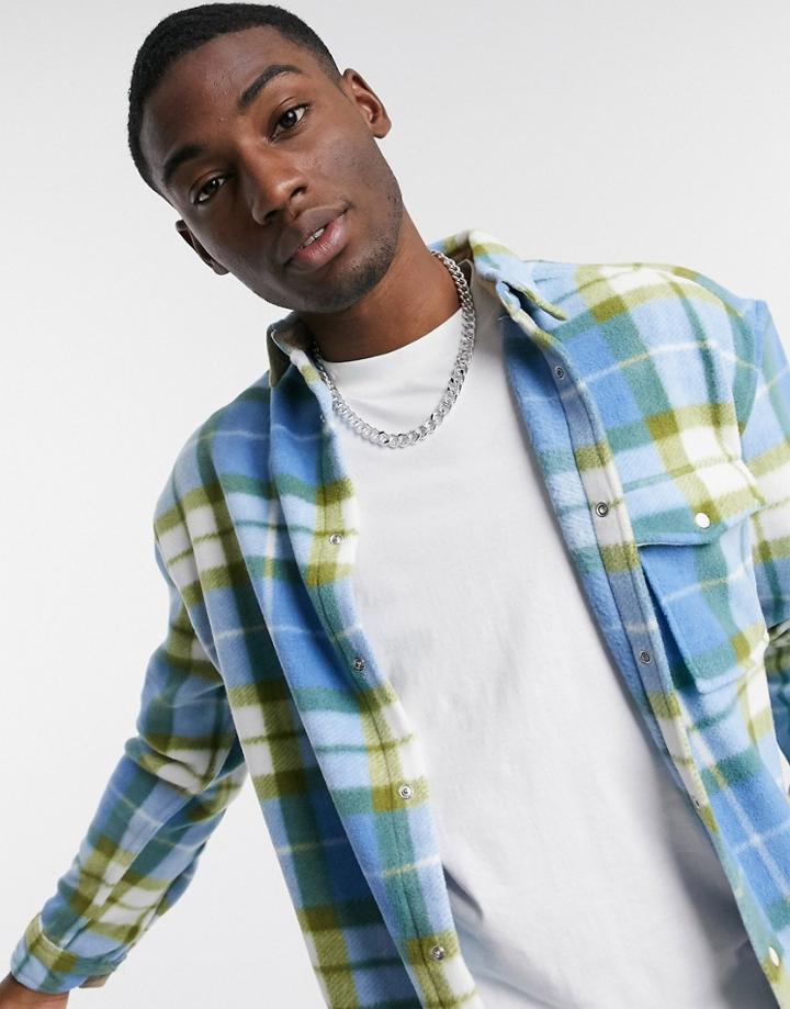 Asos Design 90s Oversized Polar Fleece Check Shirt In Blue And White