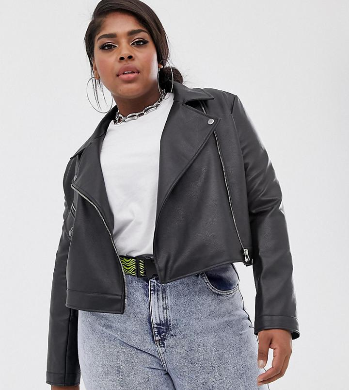 Collusion Plus Cropped Leather Look Biker Jacket - Black