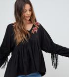 Asos Tall Embroidered Smock Top With Fringe Sleeve - Black