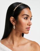 Asos Design Headband In Flower And Pearl Design In Gold Tone