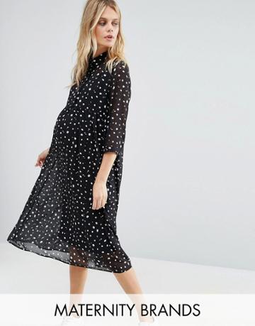 Mama. Licious Spotty Woven Dress With 3/4 Sleeve - Black