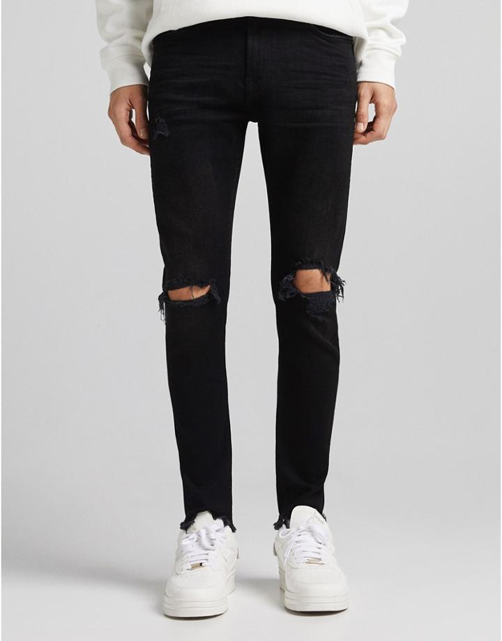 Bershka Super Skinny Jeans With Rips In Black