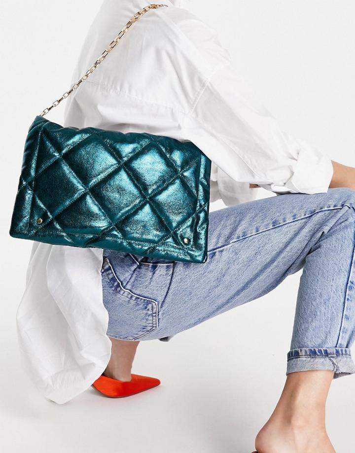 Miss Selfridge Green Quilted Pu Metallic Shoulder Bag