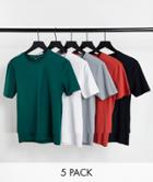 Asos Design 5 Pack Organic Cotton Blend Muscle Fit T-shirt With Crew Neck-multi