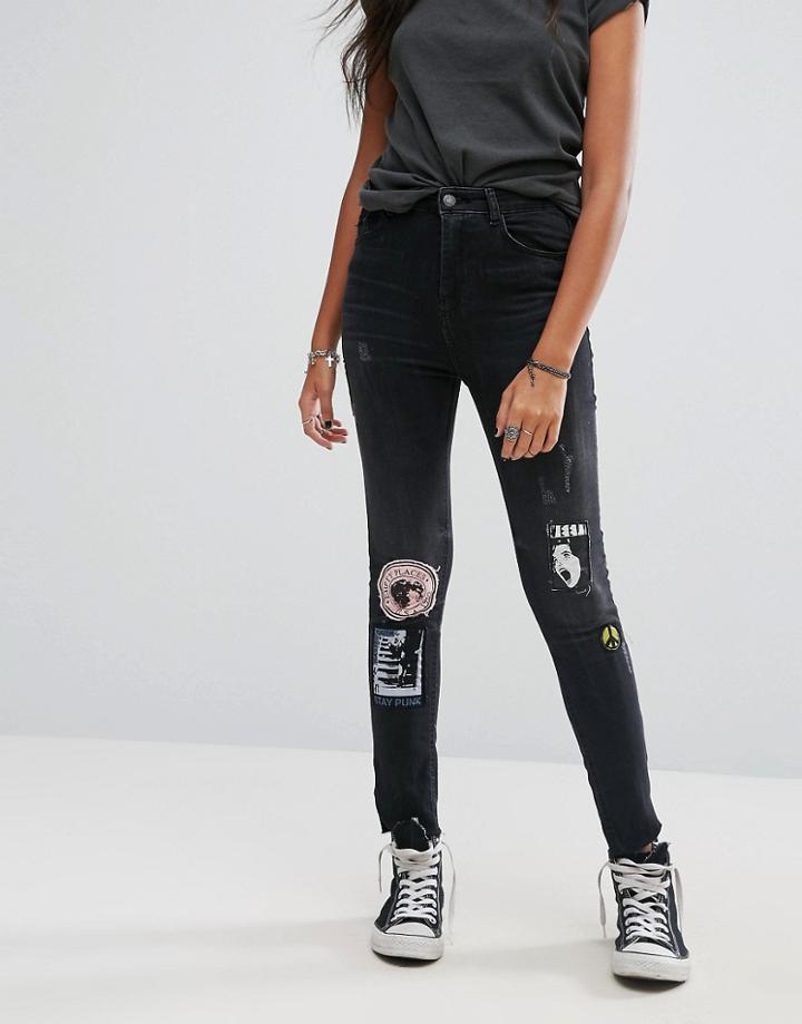 Pull & Bear Badge Detail Skinny Jean - Black