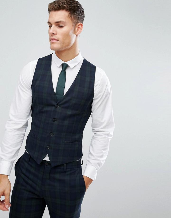 Jack & Jones Premium Skinny Vest In Blackwatch Check - Green
