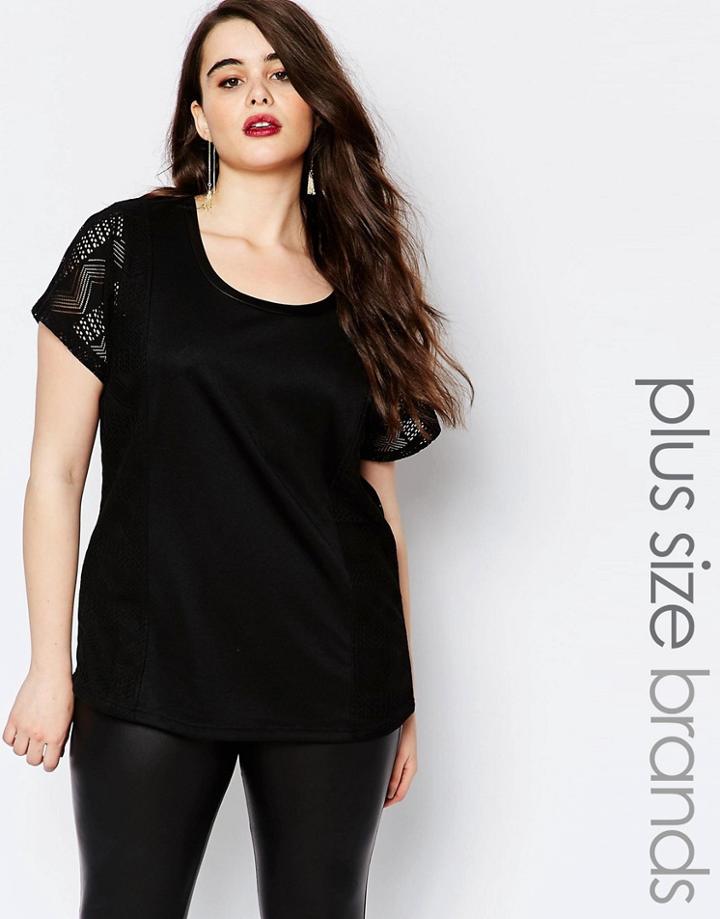 Junarose Short Sleeved Tee With Geo Lace Panel - Black