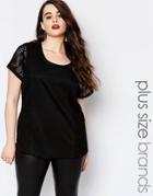 Junarose Short Sleeved Tee With Geo Lace Panel - Black