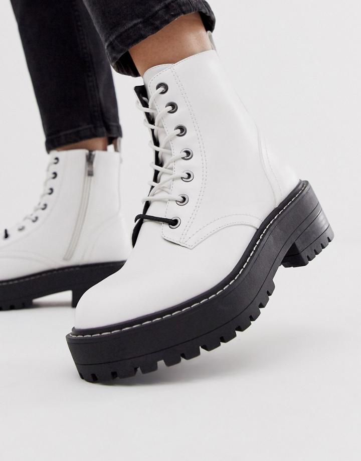 Stradivarius Lace Front Chunky Boots In White - White
