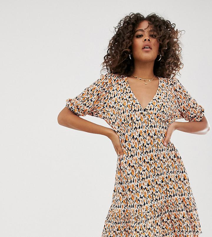 Asos Design Tall Mini Plisse Tea Dress Pep Hem In Ditsy Print-multi