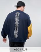 Asos Plus Oversized Sweatshirt With Contrast Sleeve & Back Print - Navy