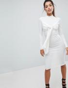 Missguided Londunn Tie Front Ribbed Midi Dress - White