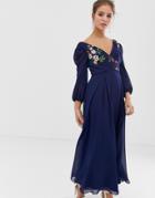 Little Mistress Floral Embroidered Midaxi Skater Dress In Navy - Navy