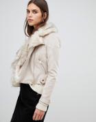 River Island Suedette Biker Jacket With Fax Fur Collar In Beige-stone