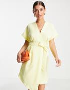 Closet London Kimono Wrap Tie Mini Dress In Lemon-yellow