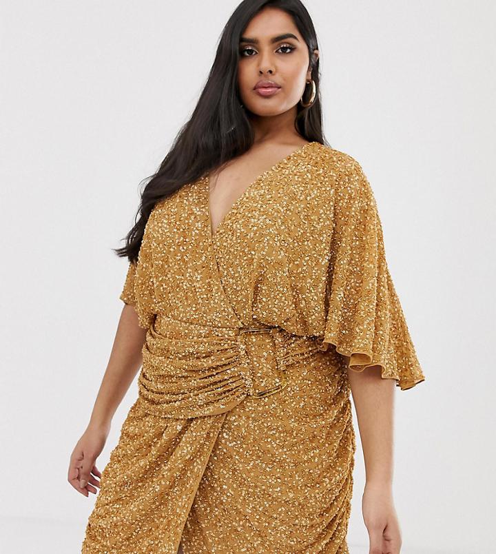 Asos Design Curve All Over Sequin Mini Dress With Horn Buckle - Brown