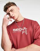 Asos Design Oversized T-shirt In Red Scuba With Seoul City Print