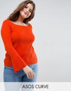 Asos Curve Sweater In Rib With Off Shoulder And Fluted Sleeves - Orange
