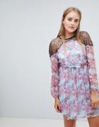 Boohoo Lace Yoke Printed Chiffon Dress - Multi