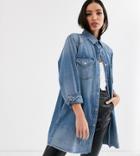 Asos Design Tall Denim Oversized Shirt In Vintage Midwash Blue-blues