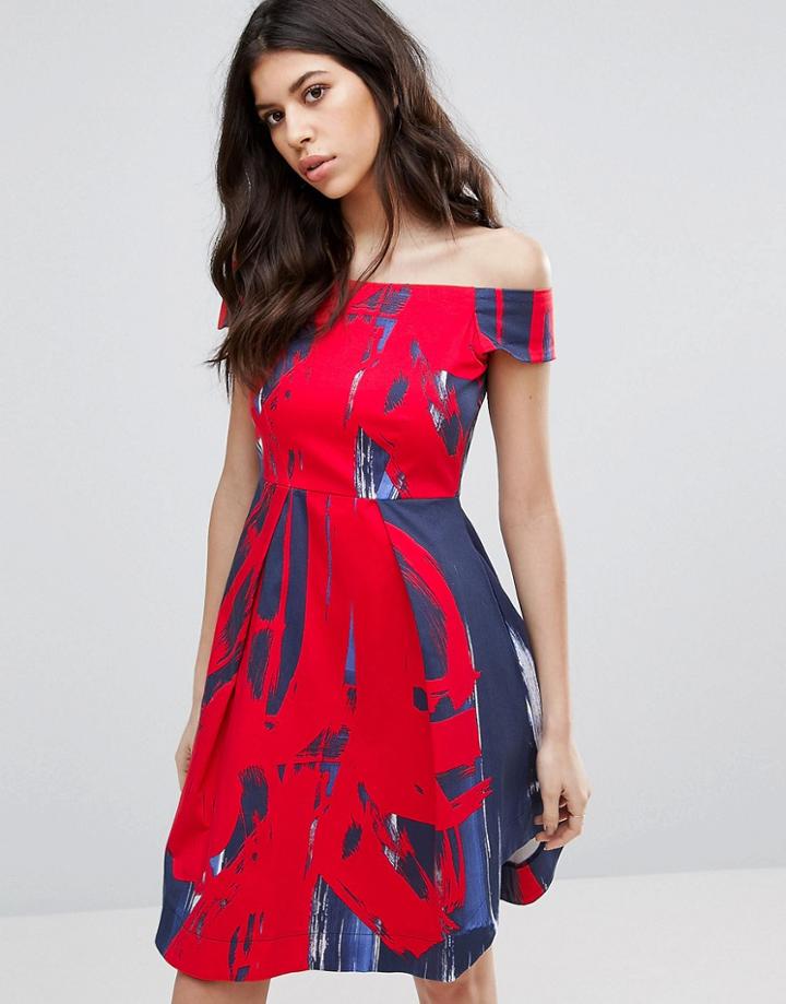 Closet London Bardot Midi Dress In Splash Print - Multi
