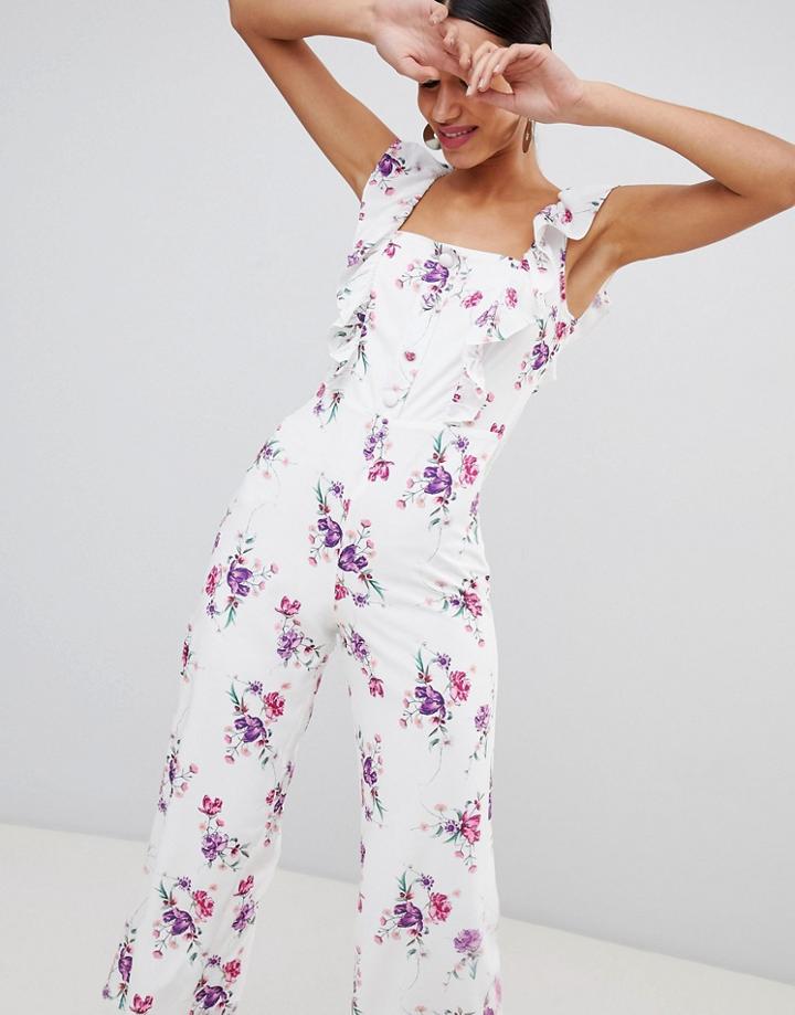 Fashion Union Tea Jumpsuit With Button Front In Vintage Floral - White