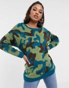 Asos Design Brushed Camo Off Shoulder Oversized Sweater-green