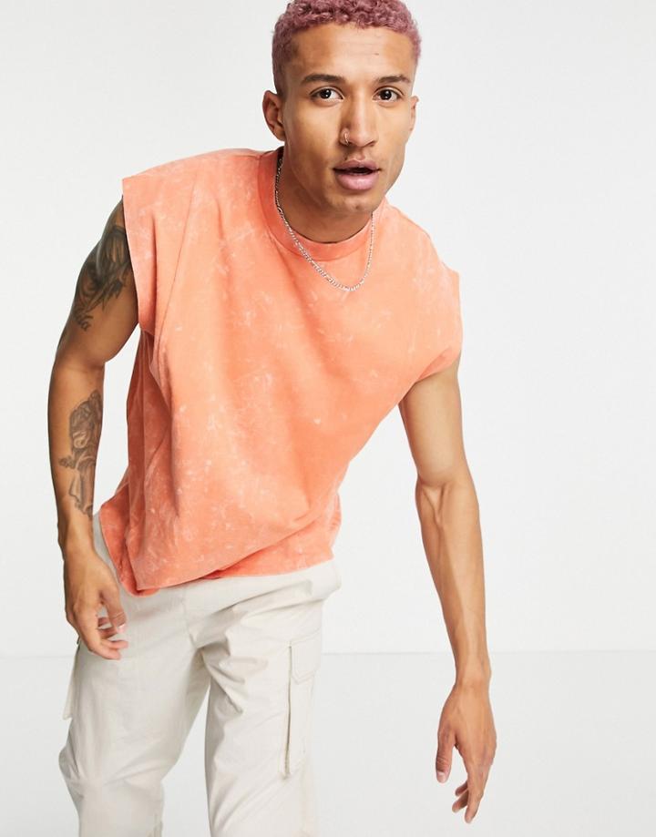 Asos Design Oversized Tank In Orange Acid Wash With Seam Detail
