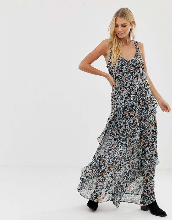 Religion Midi Dress With Ruffle Detail In Leopard-gray